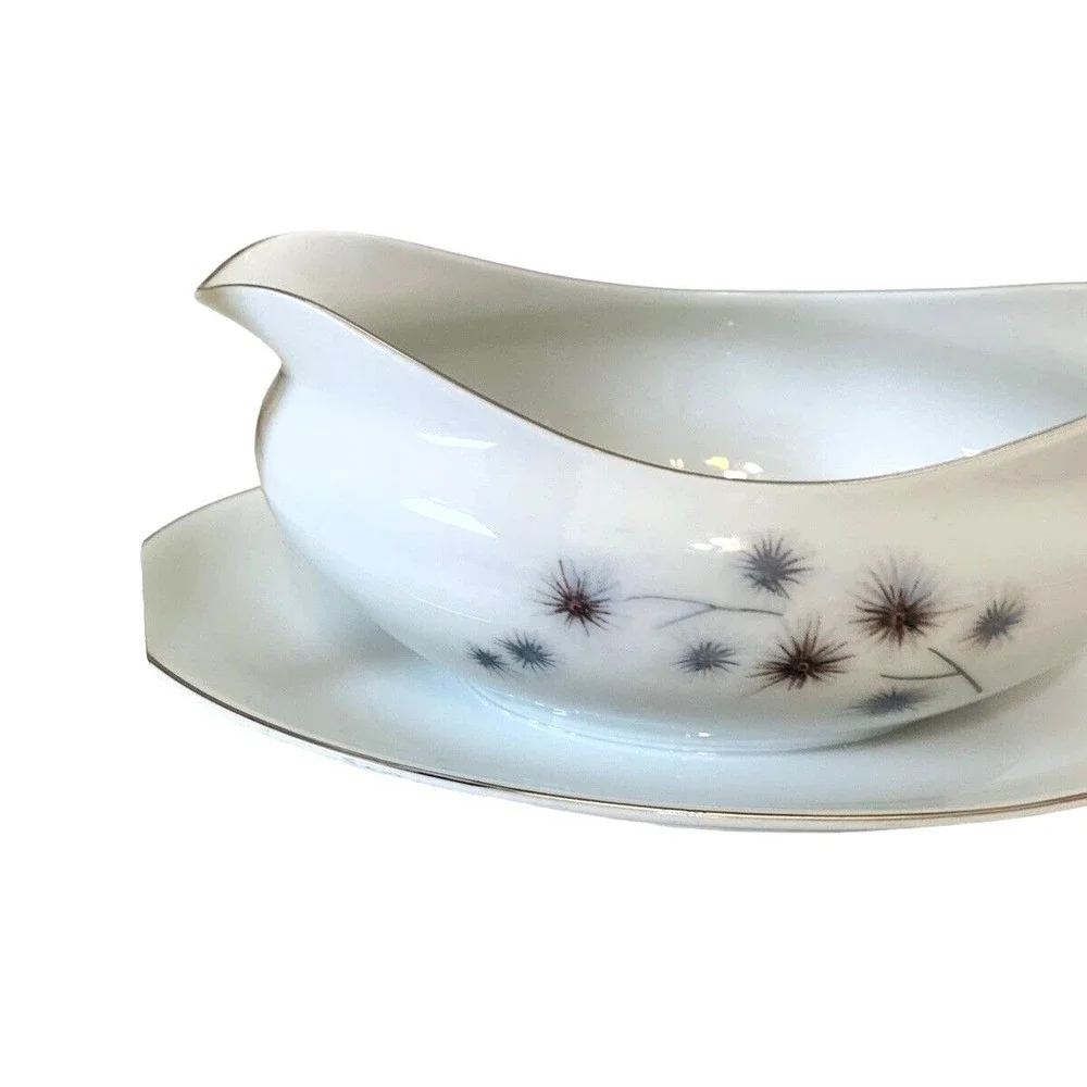 Fine China Creative Platinum Star Burst Gravy Boat w/ Attached Underplate Japan